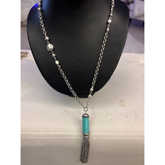 Chicos Turquoise & Silver Tassel Necklace With Chain & Bead Accents Long - Picture 9 of 13